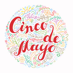 Cinco De Mayo card with doodle style handwritten greetings with many Mexican attributes.