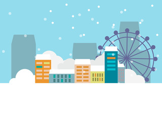 Cityscape with buildings, trees, Ferris wheel in winter
