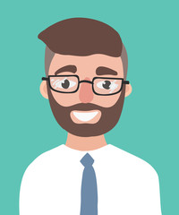 A happy young hipster man with the beard vector flat design illustration isolated on aquamarine background. Smiling office worker. positive businessman with glasses