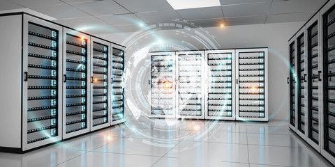 Graph holograms flying over server room data center 3D rendering