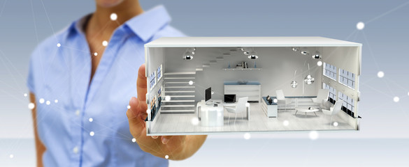 Businesswoman touching white 3D rendering apartment