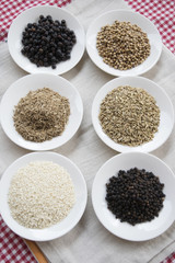 variety of spices on white saucers