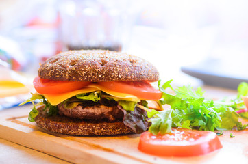 Homemade burger with beef and rye bread