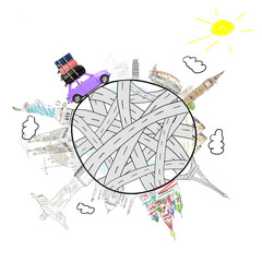 Around the world. Blue retro toy car with travel cases driving by famous monuments on cartoon planet.