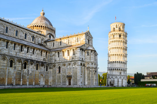 Sunset view of Leaning Tower of Pisa and Cathedral, Tuscany, Italy