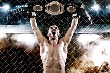 Boxer with Champion belt celebrating flawless victory in boxing cage. Background with lights and...