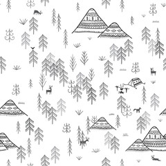 seamless pattern with forest mountains and camping