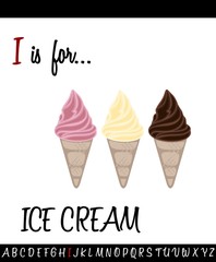 Illustrated vocabulary worksheet card with cartoon ICE CREAM