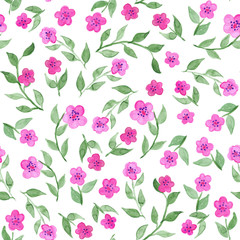 Watercolor flower floral pink green seamless pattern background