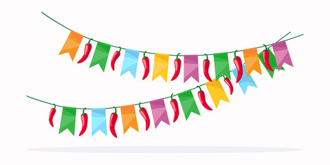 Mexican fiesta celebration detail with red chili peppers and colored flags. - 144735272