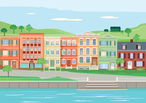 Szene mit Häusern entlang einem Fluss Illustration