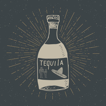 Vintage label, Hand drawn bottle of tequila mexican traditional alcohol drink sketch, grunge textured retro badge, emblem design, typography t-shirt print, vector illustration