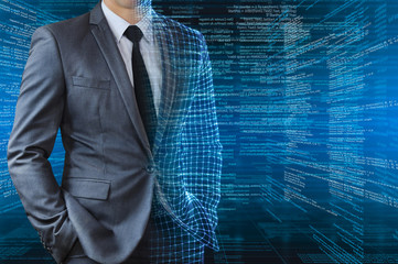 businessman with half wire frame skin with digital background
