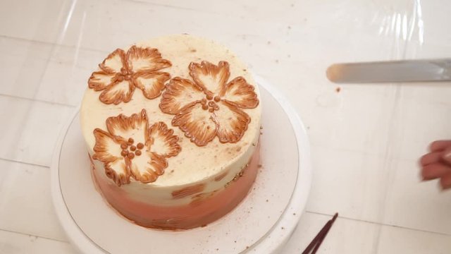 Chef painting flowers on the cake clow motion