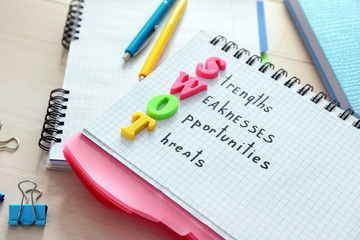 Notebook with written text STRENGTHS WEAKNESSES OPPORTUNITIES THREATS on wooden table