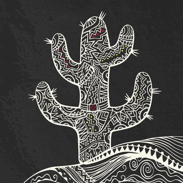 Funky ornate cactus white drawing at black background.