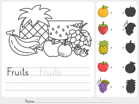 Fruits painting and match with shadows - worksheet for education