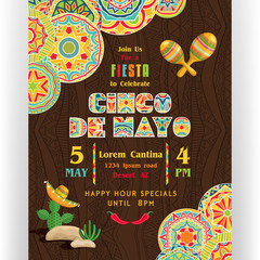 Cinco De Mayo poster template with text customized for invitation for fiesta party and Mexican colorful elements.