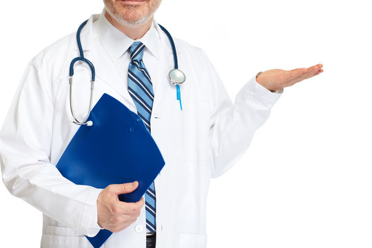 Doctor hand presenting white background