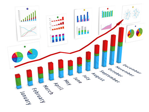 3d diagramm with wall of charts and red arrow