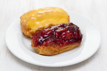two eclairs on white plate on wooden background