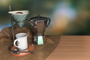 3d rendering a set of vintage coffee drip on a wooden table with burlap and green dark bokeh background.