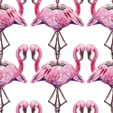 Watercolor illustration of tropical pink flamingo bird. Trendy artwork with tropic summertime motif. Exotic Hawaii art. Seamles mirror pattern.
