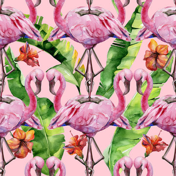 Watercolor illustration of tropical pink flamingo bird. Trendy artwork with tropic summertime motif. Exotic Hawaii art. Seamles mirror pattern.