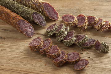 Spanish fuet sausages in three different flavors