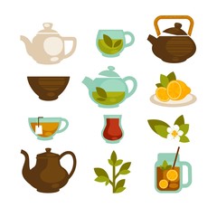 Tea cups, teapot and teabags vector icons set for menu