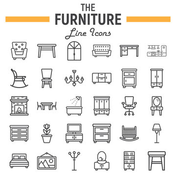 Furniture line icon set, interior symbols collection, vector sketches, logo illustrations, linear pictograms package isolated on white background, eps 10.