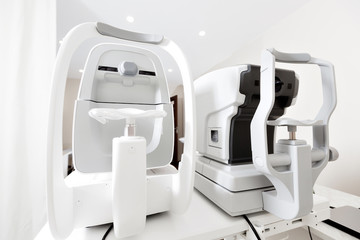 Modern eye testing device standing in the lab. Tonometer in ophthalmologist's office