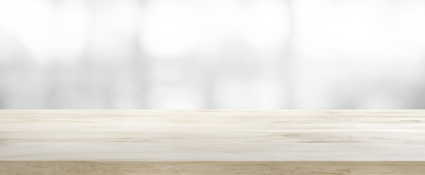 Wood table top on white abstract gray  background.For montage product display or key visual layout