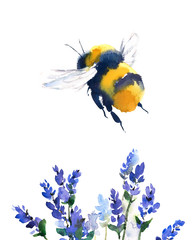 Bumblebee Flying Over Blue Flowers Watercolor  Hand Painted Summer Illustration isolated on white background - obrazy, fototapety, plakaty