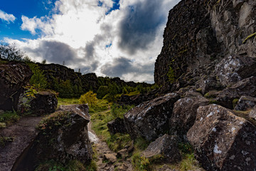 Inside the tectonic plate rift in &THORN;ingvellir national park east of Reykjavik.