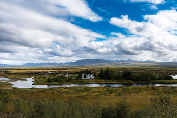 A view of the buildings used asIceland's parliament from the 10th to the 18th centuries. Þingvellir national park east of Reykjavik.