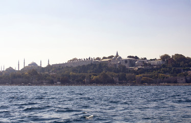 View of Topkapi Palace and Hagia Sophia from a ferry to Prince Islands in Istanbul. It was one of...