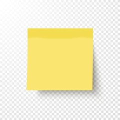 Yellow sticky note isolated on transparent background. Note post memo, label. Realistic template, mockup with shadow for your projects. Vector stock illustration. 