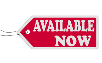 Available now red speech bubble label or sign