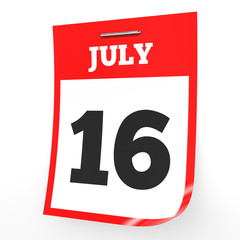 July 16. Calendar on white background.