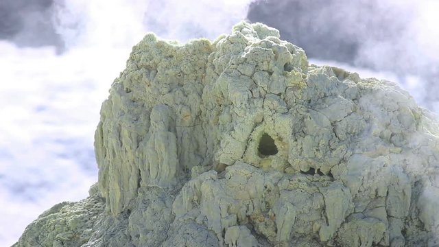 Volcanic activity, sulfur fumarole and hot gas on the slope of Ebeko volcano, Northern Kuriles, Paramushir Island
