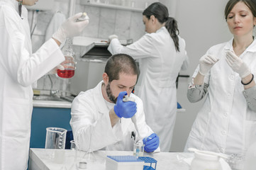 Group of scientists working with liquid test tube samples