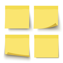 Yellow sticky notes. Vector illustration isolated on white background. Sticky note set with curled corners and shadows. - 144746061
