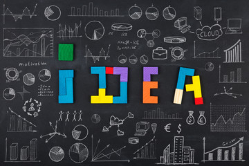 concept - sketch with schemes and graphs on chalkboard