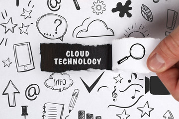 Business, Technology, Internet and network concept. Young businessman shows the word: Cloud technology