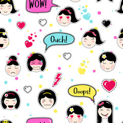 Anime style seamless pattern. Cute emoji girls. Kawaii patch badges. Tillable background for fabric, textile, craft, embroidery, scrapbook. Manga girls with speech bubbles, different faces and hair.