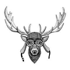 Fototapeta premium Deer Hand drawn image of animal wearing motorcycle helmet for t-shirt, tattoo, emblem, badge, logo, patch