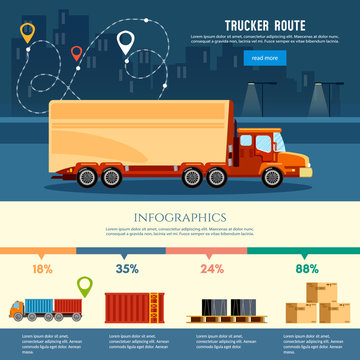 Cargo delivery infographic, cargo service. Trucking industry banner trucker route. Logistics and the city. Shipping warehouse elements vector