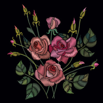 Classic style embroidery, beautiful roses flowers pattern vector. Roses embroidery on a black background