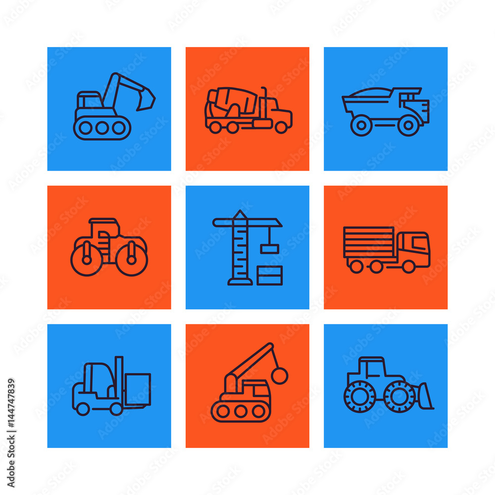 Wall mural construction vehicles line icons set, heavy machines, digger, truck, excavator, loader vector signs